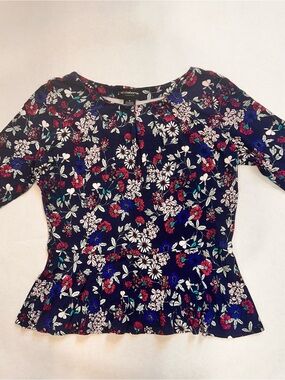 Liz Claiborne Navy Floral Peplum Top